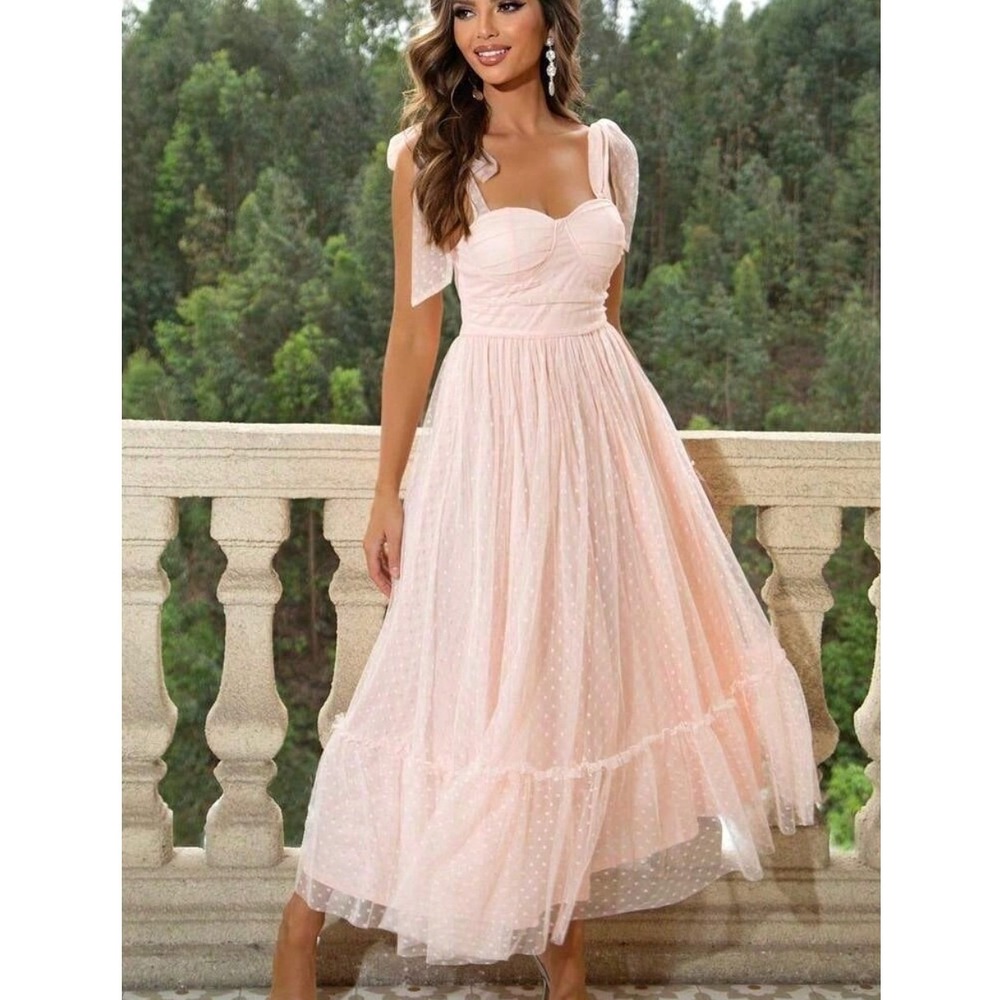 Peach Pink Dot Tulle Bustier Midi Dress Tie Shoulder Ruffle Hem Medium NWOT